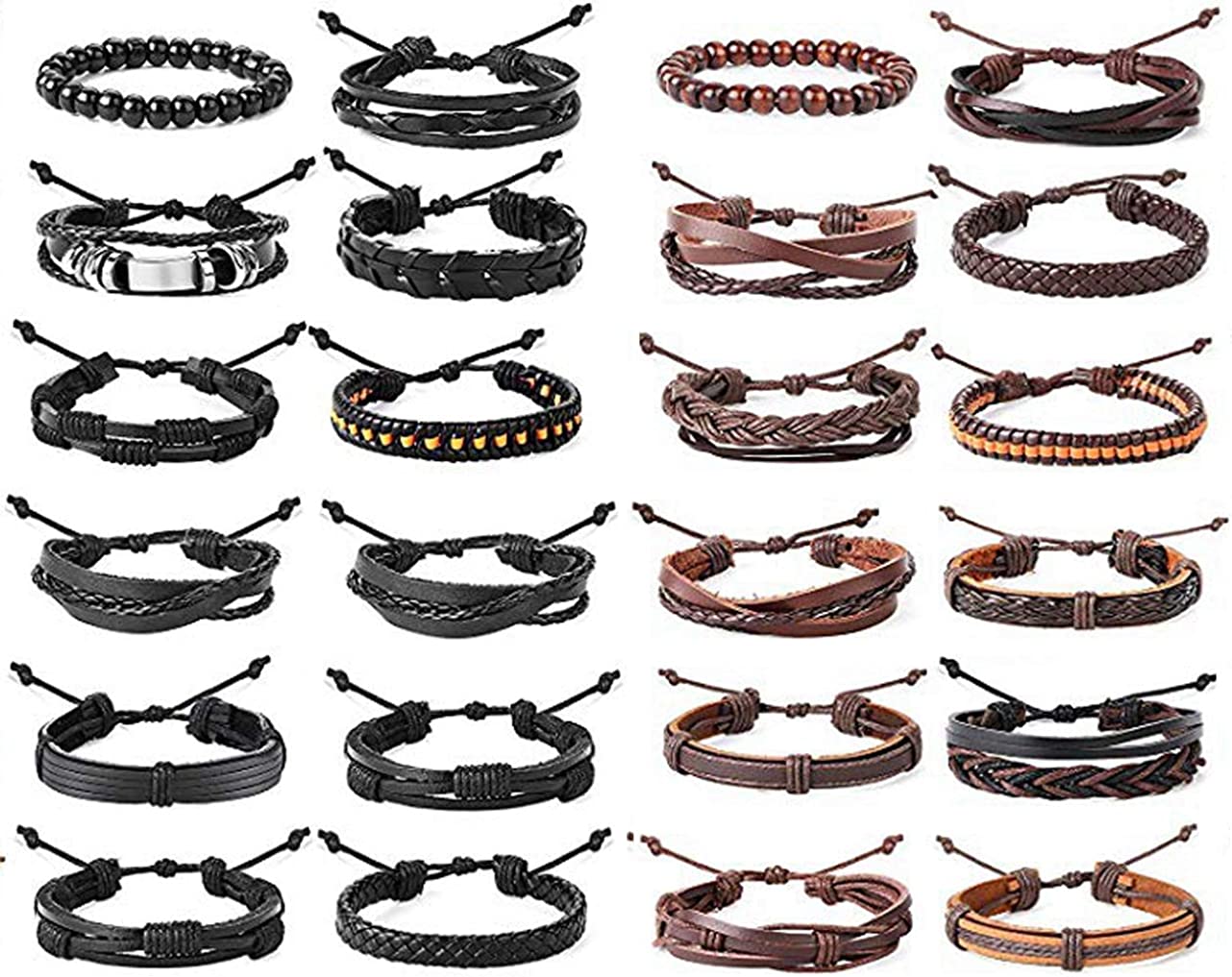 24 Peças pulseiras de couro entrançado para homens conjunto de envoltório de punho com contas de madeira castanho preto ajustável, Madeira Cânhamo Couro