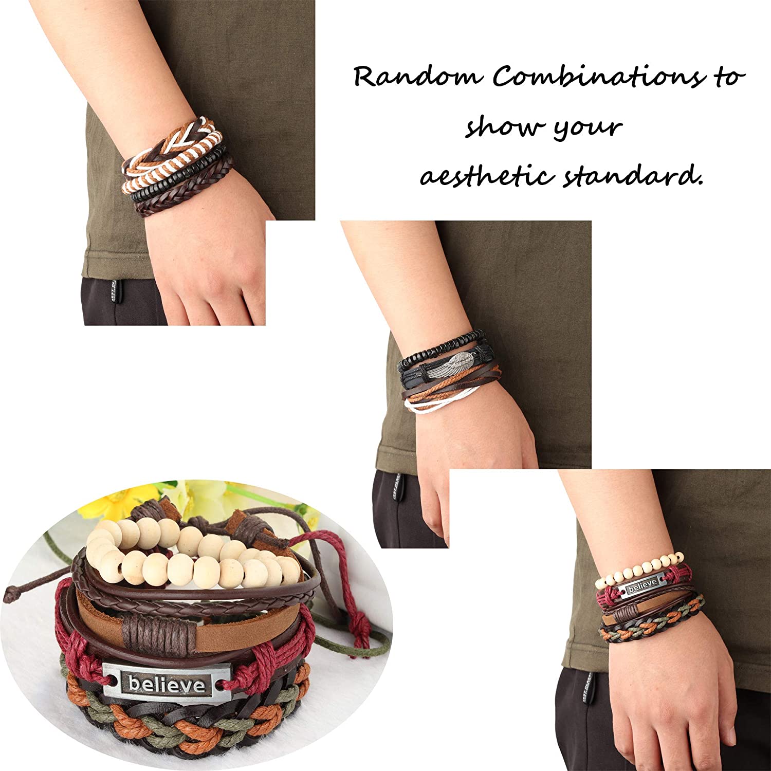26 peças tecidas, pulseira de couro entrançado para homens e mulheres, cordões de cânhamo contas de madeira, braceletes de punho ajustáveis