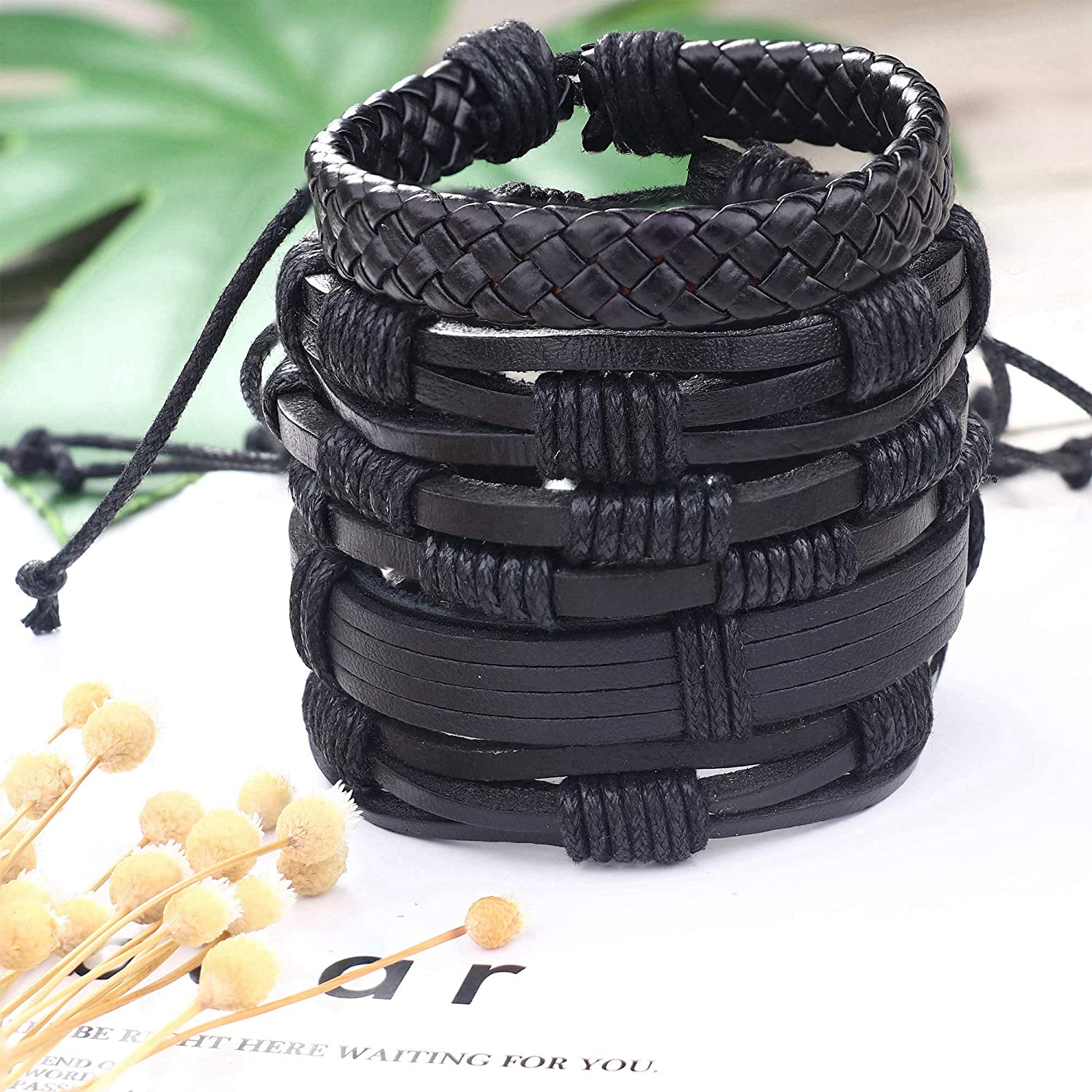 24 Peças pulseiras de couro entrançado para homens conjunto de envoltório de punho com contas de madeira castanho preto ajustável, Madeira Cânhamo Couro