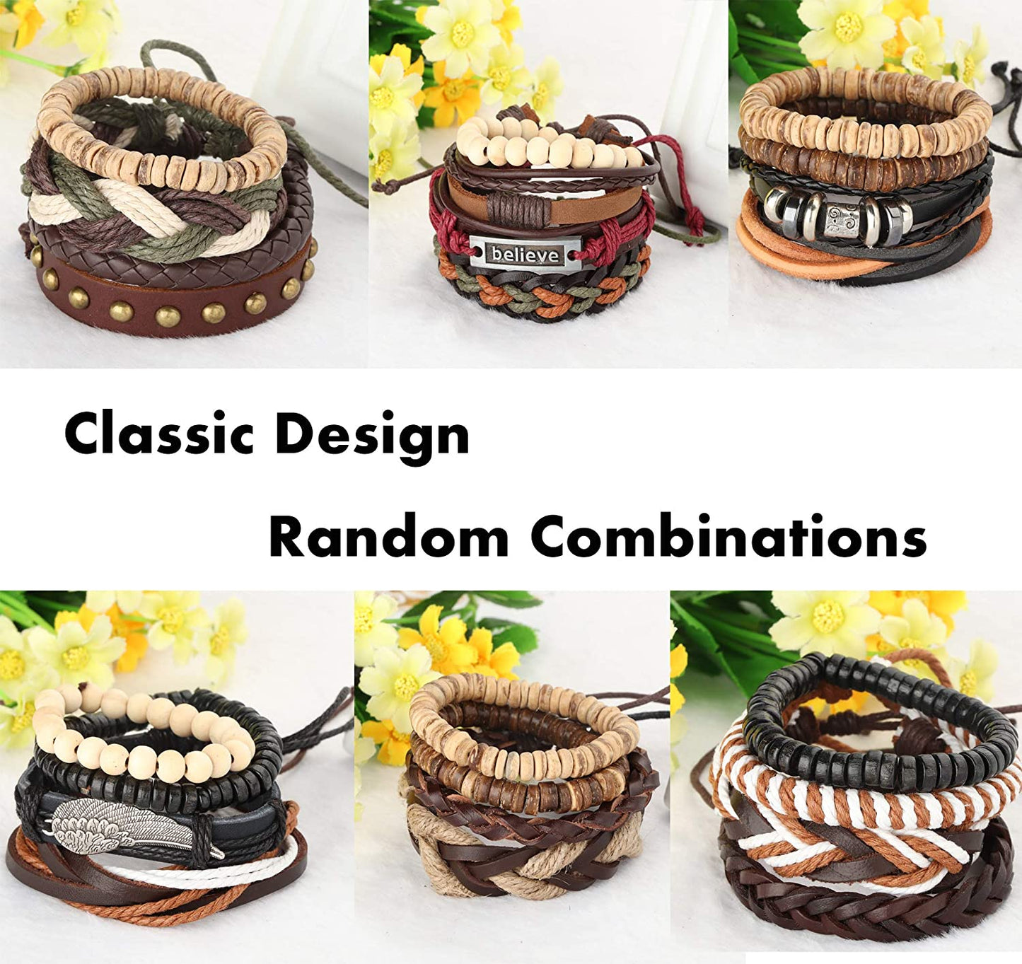 26 peças tecidas, pulseira de couro entrançado para homens e mulheres, cordões de cânhamo contas de madeira, braceletes de punho ajustáveis