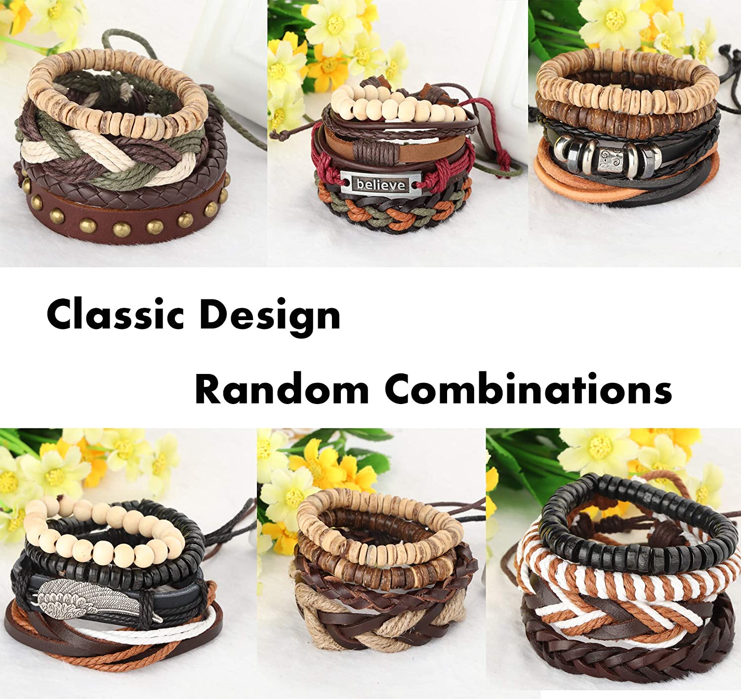 26 peças tecidas, pulseira de couro entrançado para homens e mulheres, cordões de cânhamo contas de madeira, braceletes de punho ajustáveis