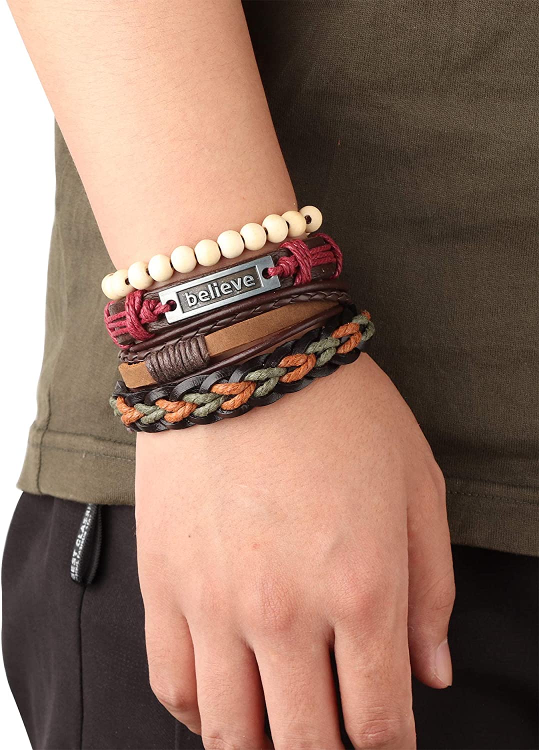 26 peças tecidas, pulseira de couro entrançado para homens e mulheres, cordões de cânhamo contas de madeira, braceletes de punho ajustáveis