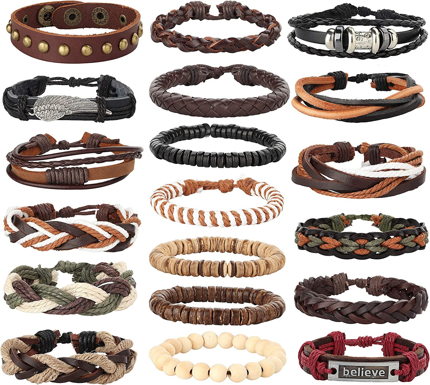 26 peças tecidas, pulseira de couro entrançado para homens e mulheres, cordões de cânhamo contas de madeira, braceletes de punho ajustáveis