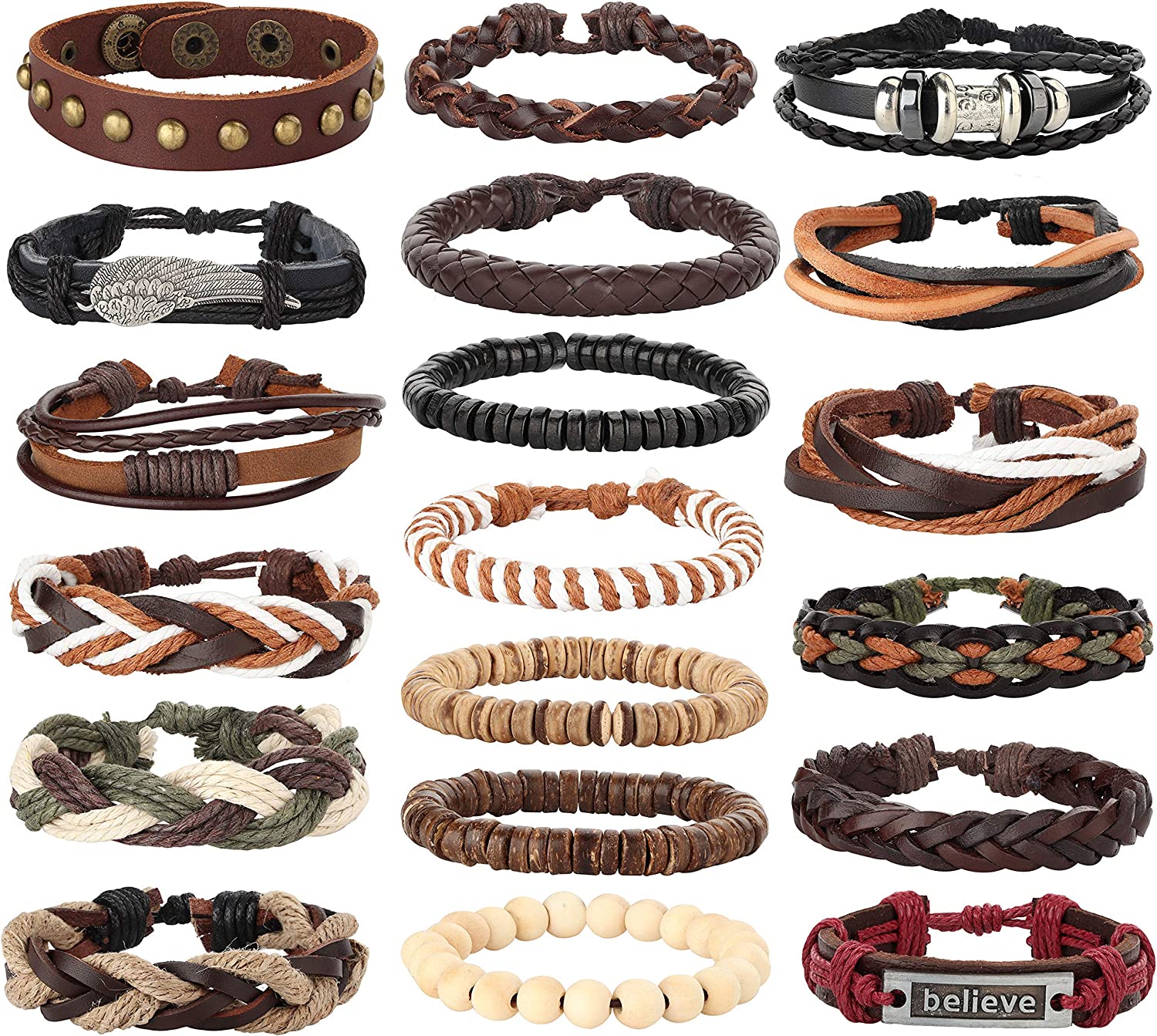 26 peças tecidas, pulseira de couro entrançado para homens e mulheres, cordões de cânhamo contas de madeira, braceletes de punho ajustáveis