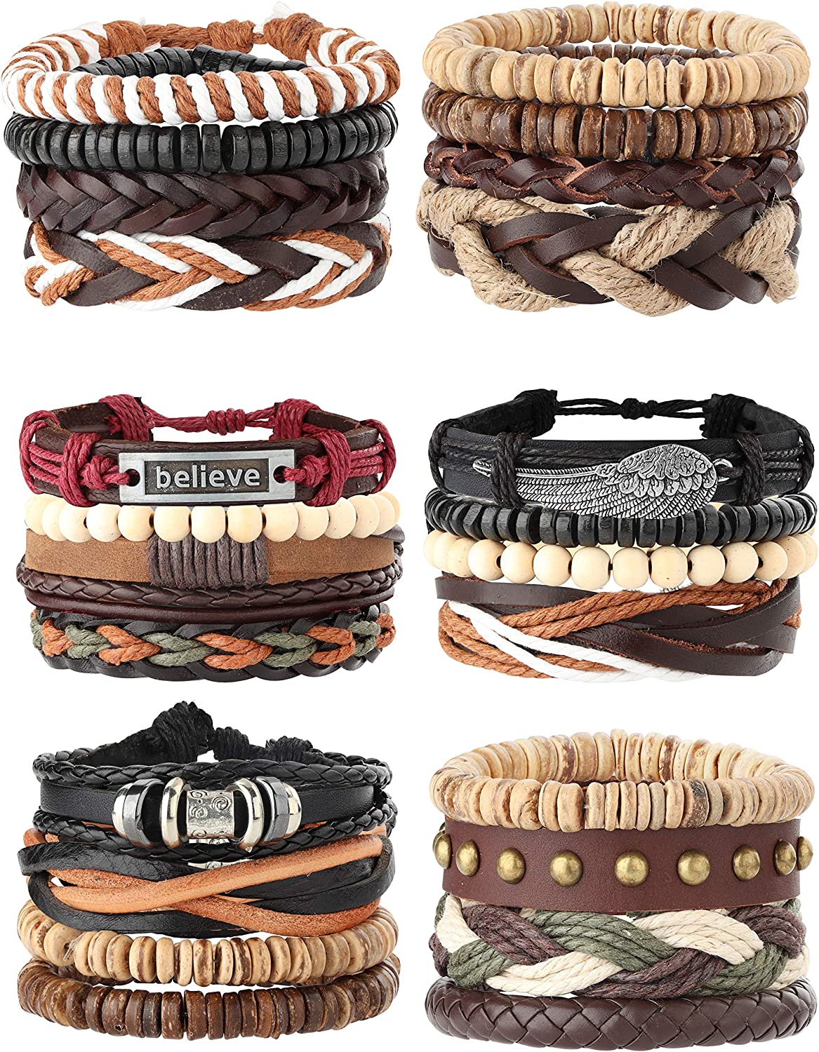 26 peças tecidas, pulseira de couro entrançado para homens e mulheres, cordões de cânhamo contas de madeira, braceletes de punho ajustáveis