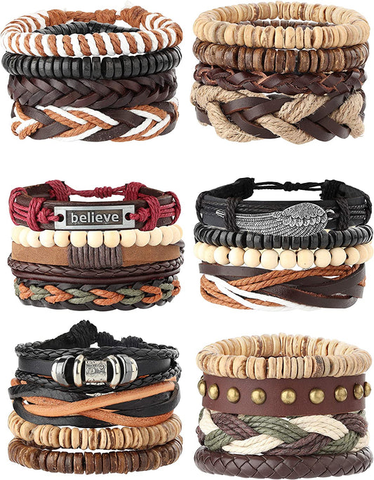 26 peças tecidas, pulseira de couro entrançado para homens e mulheres, cordões de cânhamo contas de madeira, braceletes de punho ajustáveis