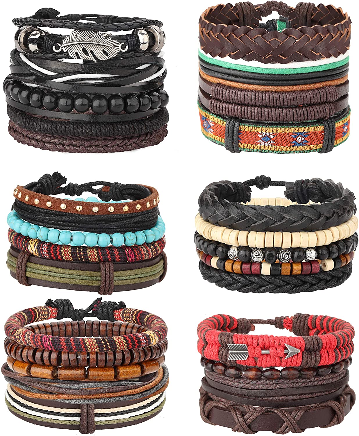 26 peças tecidas, pulseira de couro entrançado para homens e mulheres, cordões de cânhamo contas de madeira, braceletes de punho ajustáveis