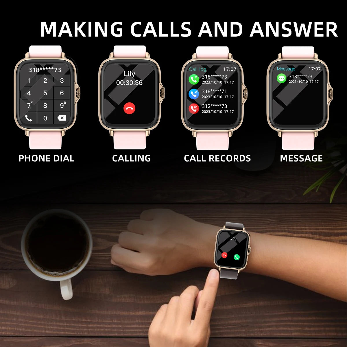 Relógio inteligente à prova d'água com mensagem, resposta de chamadas, monitoramento do sono, pedômetro esportivo, alertas de informações para iPhone e Android