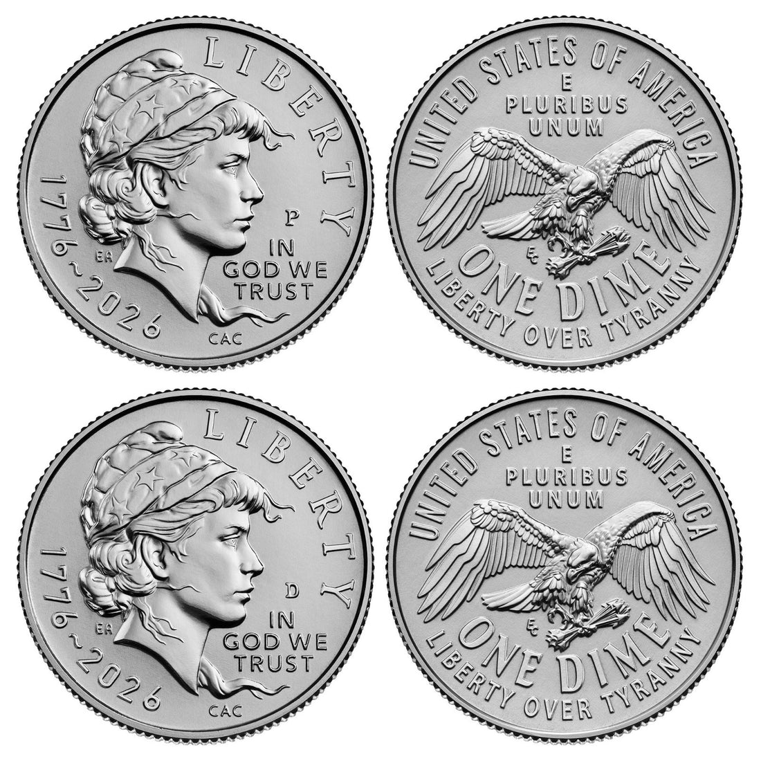 America 250 EMERGING LIBERTY DIMES 1776–2026 Uncirculated Rolls Set - P & D Mint